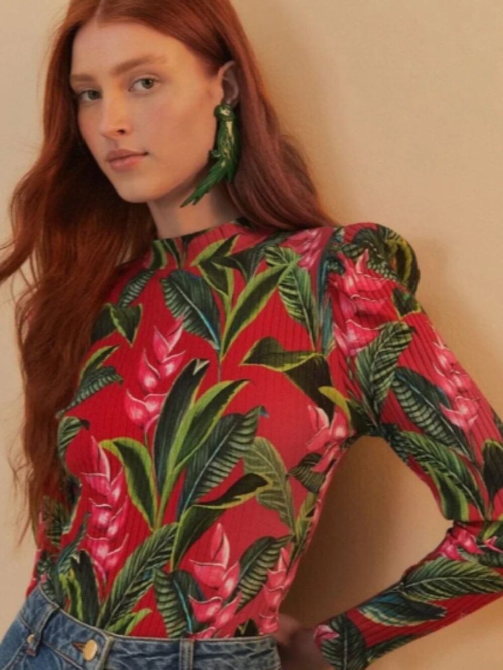 Farm Rio Red Dream Garden Long Sleeve Bodysuit Medium Maximalist Floral
